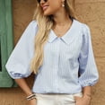 thumbnail image 2 of Lenpel Women's Button down Shirts Striped V Neck Collared Pleated 3/4 Length Lantern Sleeve Tops Summer Spring Outfits, 2 of 7