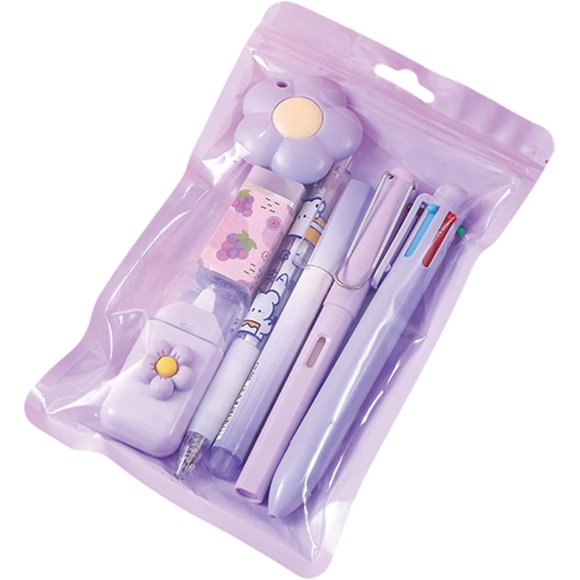 YSTIANN 7-Piece Cute Purple Stationery Set - Adorable School Supplies & Office Essentials Including Ballpoint Pen, Pencil Sharpener, Highlighter, Correction Tape, Ruler & Craft Knife (Purple)