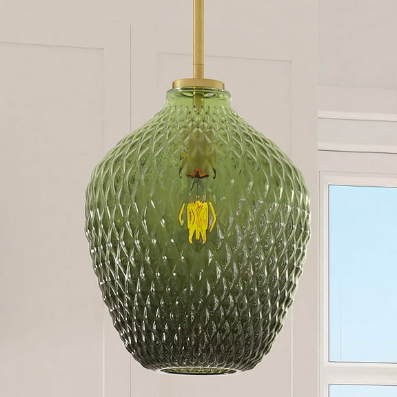 Luxury Mid-Century Modern Pendant , 13''H x 11''W, Brushed Brass and Stained Glass Finish, Cardiff Collection, by Urban Ambiance