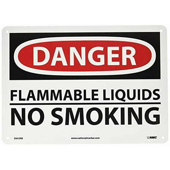 NMC D645RB OSHA Sign, Legend "DANGER - FLAMMABLE LIQUIDS NO SMOKING", 14" Length x 10" Height, Rigid Plastic, Black/Red on White