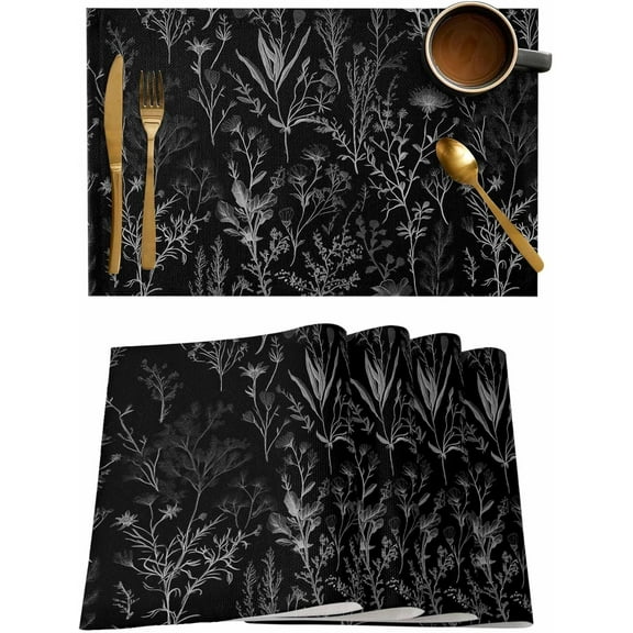 Placemats Set of 6, Cotton Linen Heat Table Mats Non-Slip Washable Black Plants Wildflowers Silhouette Placemat for Holiday Banquet Dining Kitchen Table Decor