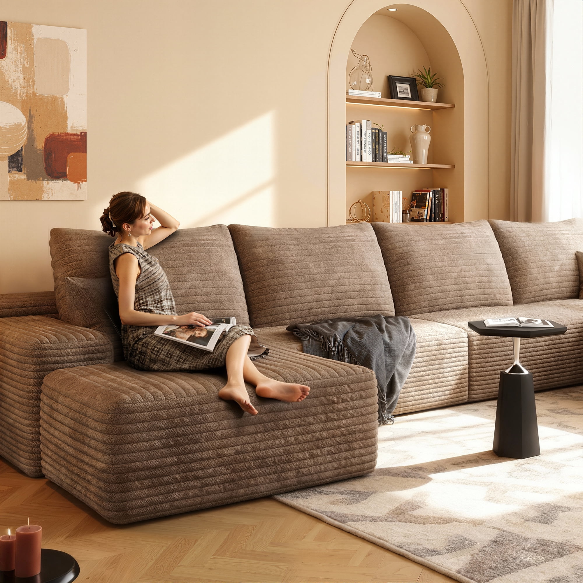 MAYEERTY 135" Cloud Sectional Couch with L-Shape Chaise, Modern Modular Deep Seat Sofa, No Assembly Plush Corduroy Fabric, Camel (3 packages)