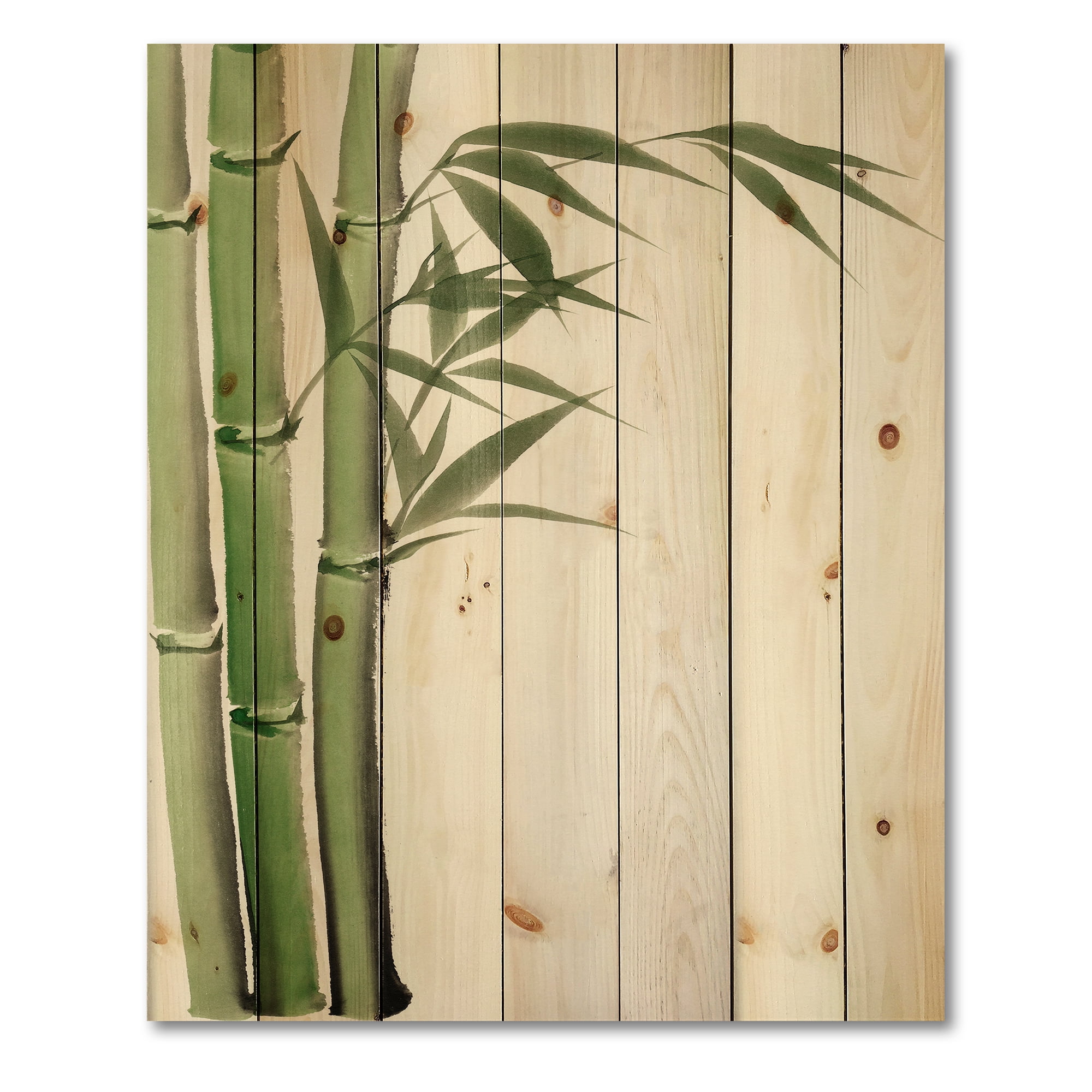 Designart 'Detail of Dark Green Bamboo and Leaves IV' Traditional Print on Natural Pine Wood