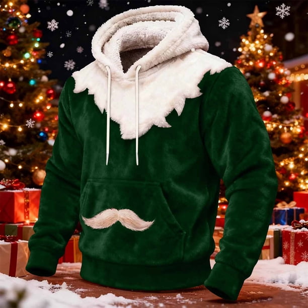 Ceisia Cozy Fleece-Lined Mens Loose Fit Santa Style Color Block Hooded Sweatshirt Gifts