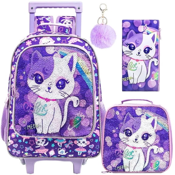 Kids Rolling Backpack for Girls, Roller Wheels School Bag with Lunch Bag, Wheeled Sequins School Bookbag for Children - Cat