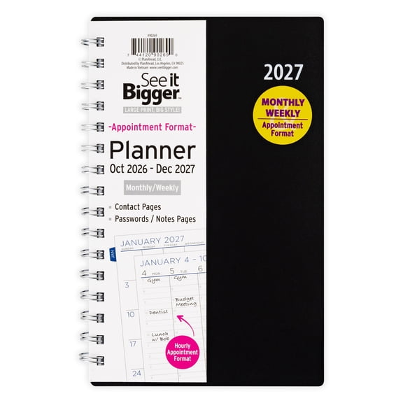 See It Bigger 15-Month, Medium (5.5" x 8.5") Monthly Weekly Appointment Planner, October 2026 – December 2027, Black