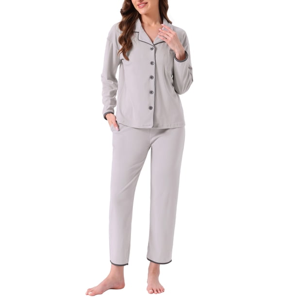 Conjunto de pijama para mujer INSPIRE CHIC de felpa de franela, con botones, de manga larga, con cuello de muesca, pantalones con bolsillos, ropa de casa y pijama, color gris