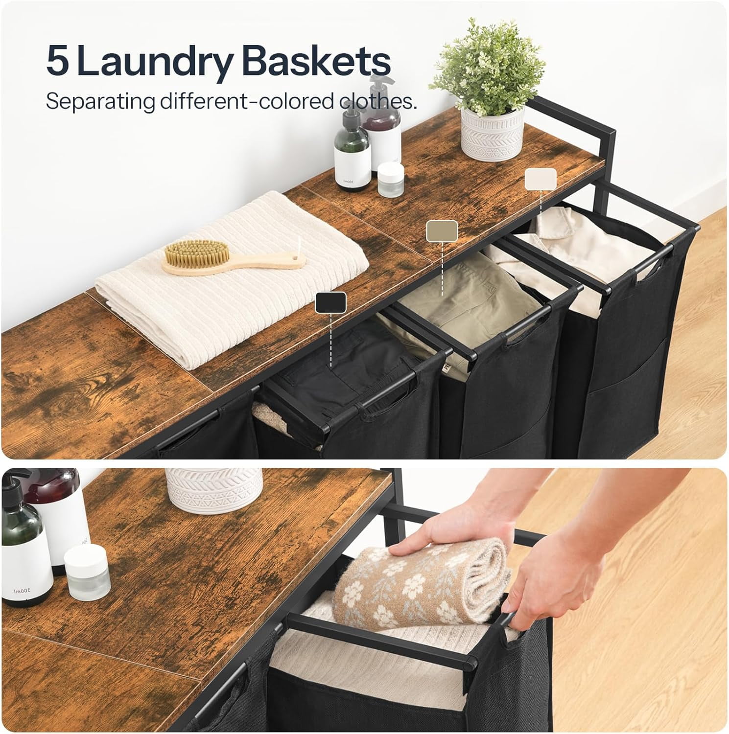 Laundry Sorter 5 Sections, Laundry Hamper with Wheels, 5 × 10.5 Gallon (40 L), Rolling Laundry Basket, Pull-Out and Removable Oxford Fabric Bags, Rustic Brown and Black BF07XY01