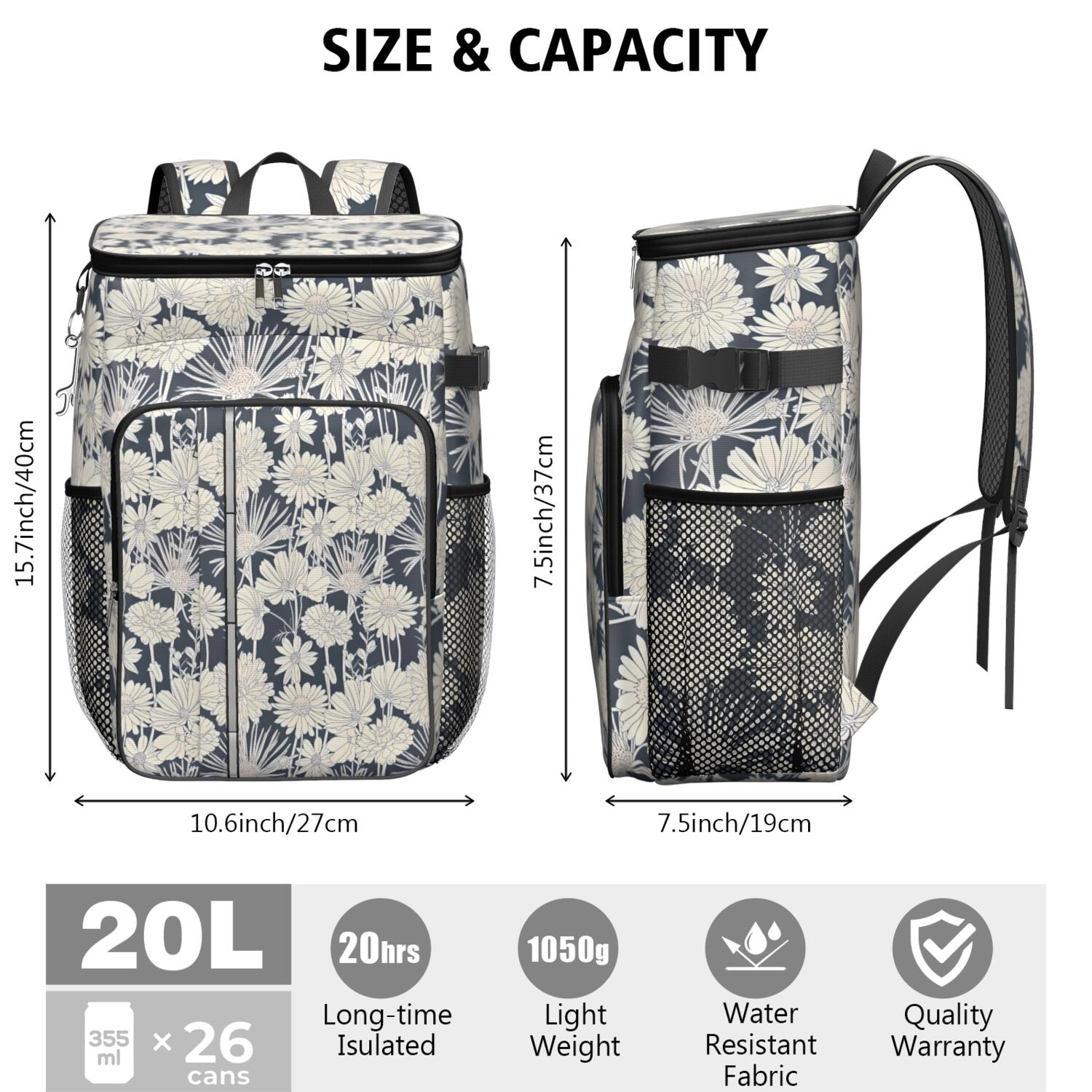 Travel Cooler Bag - Pioneer Flower Floral Print Pattern Camping Beer Cooler Backpack with Bottle Opener- Waterproof Insulated Picnic Backpacks - Cooler Bag for Beach