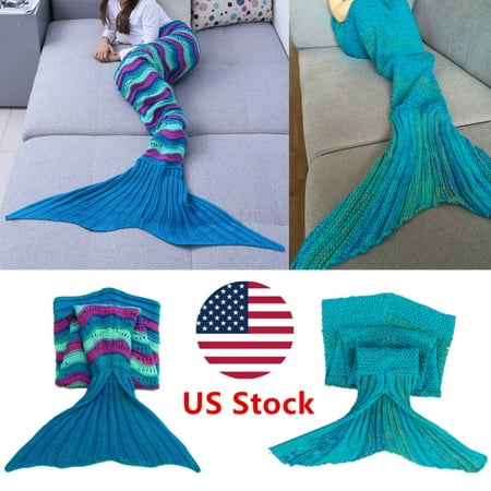 US Kid Girl Mermaid Tail Soft Blanket Knitted Hand Crochet Sleeping Wrap Costume - Multicolor - 3-4