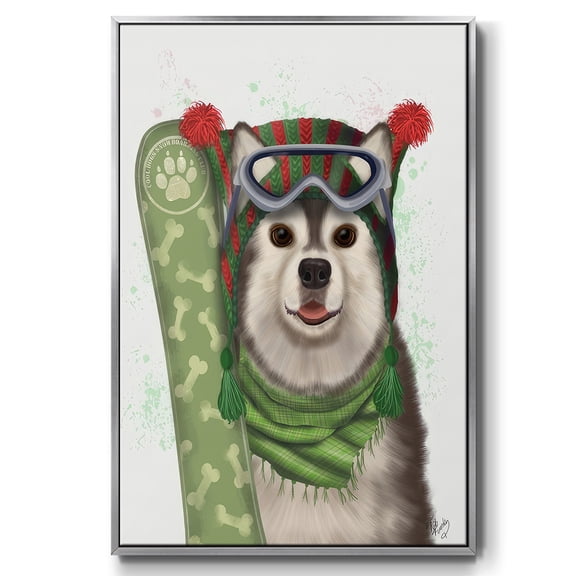 Christmas Husky Snowboard - Framed Gallery Wrapped Holiday Canvas - 17 x 25 - Silver Frame