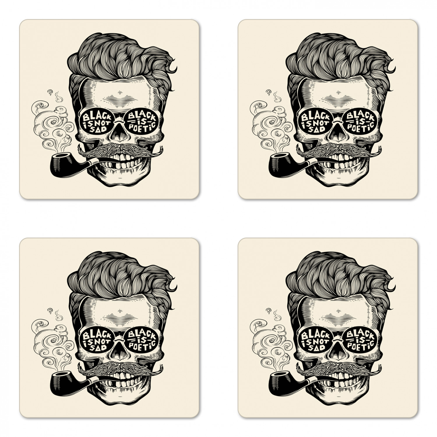Indie Coaster Set of 4, Hipster Gentleman Skull with Mustache Pipe and