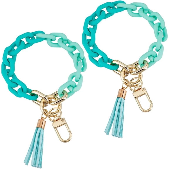 1 Box 2Pcs Wristlet Keychain Chunky Chain Link Keychain Acrylic Wrist Key Chain Bracelets with Tassel Charms for Women Men Bags Purse Car Keys Mobile Phone Decor Cyan