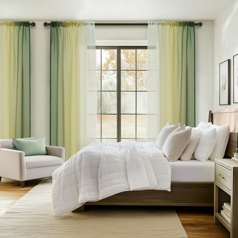 Topfinel YellowGreen Faux Linen Ombre Sheer Curtains,Semi Voile Gradient Rod Pocket Curtains for Bedroom and Living Room, Set of 2 Window Curtain Panels, 54 x 84 Inch Long