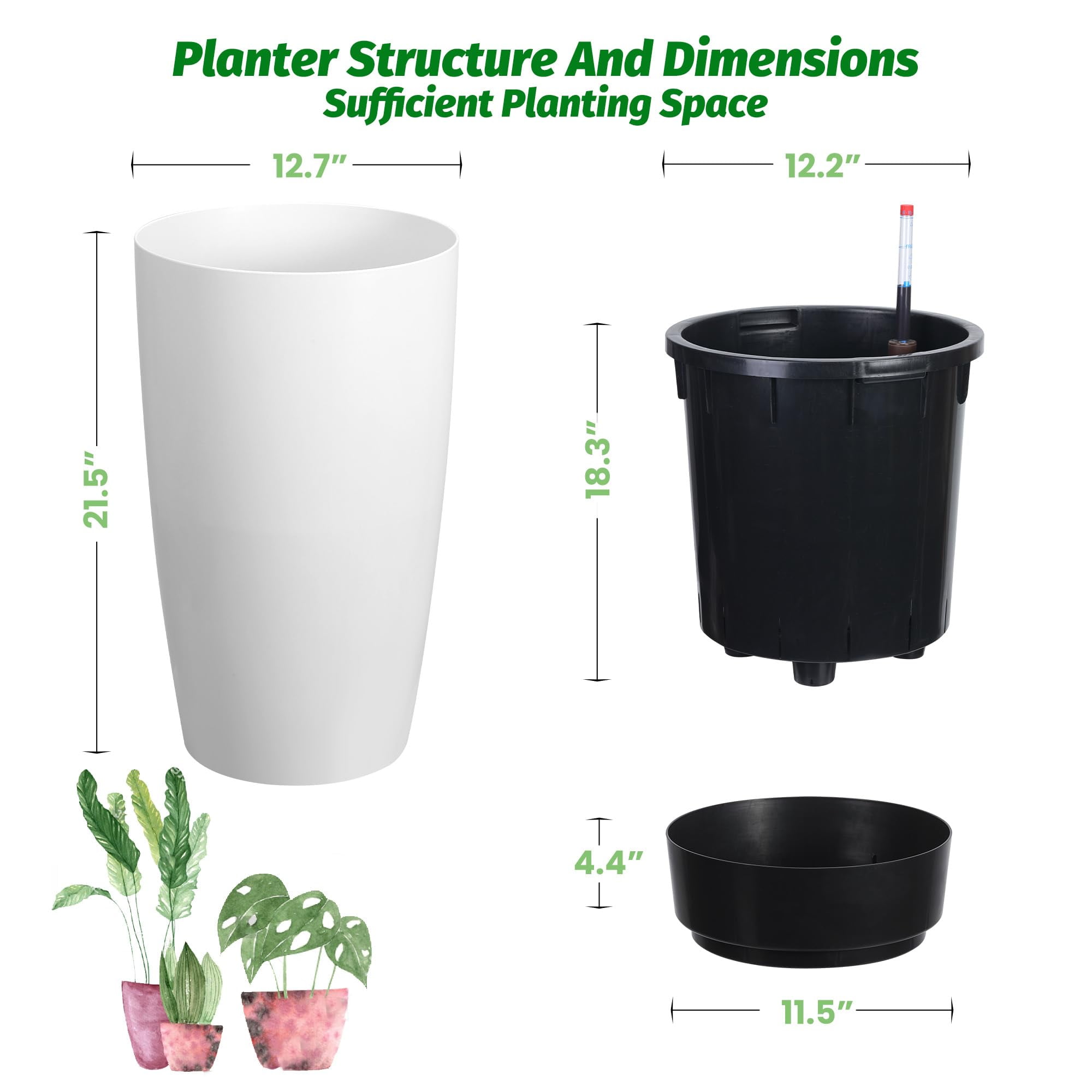 Garvee 2-Pack 22 in Tall Planters for Outdoor Plants with Water Level Monitor ＆ Inner Bucket, White