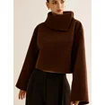 thumbnail image 1 of Jersey con solapa de lana de Color café para mujer, abrigo elegante liso de manga larga, Tops cortos para principios de otoño, ropa de calle alta para señora nueva, 1 of 5