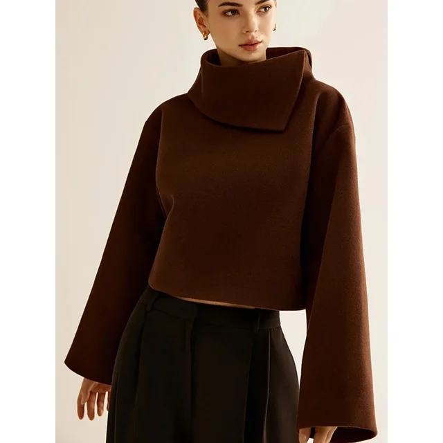 Jersey con solapa de lana de Color café para mujer, abrigo elegante liso de manga larga, Tops cortos para principios de otoño, ropa de calle alta para señora nueva