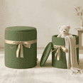thumbnail image 2 of Pinmoco Ensemble de 2 Poufs de Rangement Ronds en Velours Côtelé, Tabouret de Coiffeuse Rembourré avec Ruban Décoratif, Repose-Pieds Empilable pour Salon Chambre Entrée, Vert Olive, 2 of 9