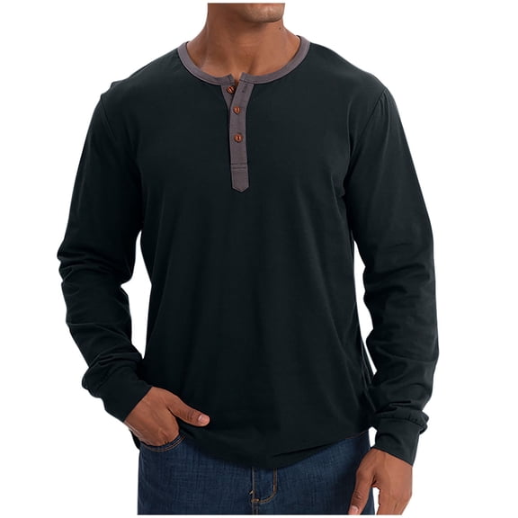 CHGBMOK Mens T-shirts Solid Color Casual Fashion Button Round Neck Long Sleeve,Sizes S-2XL