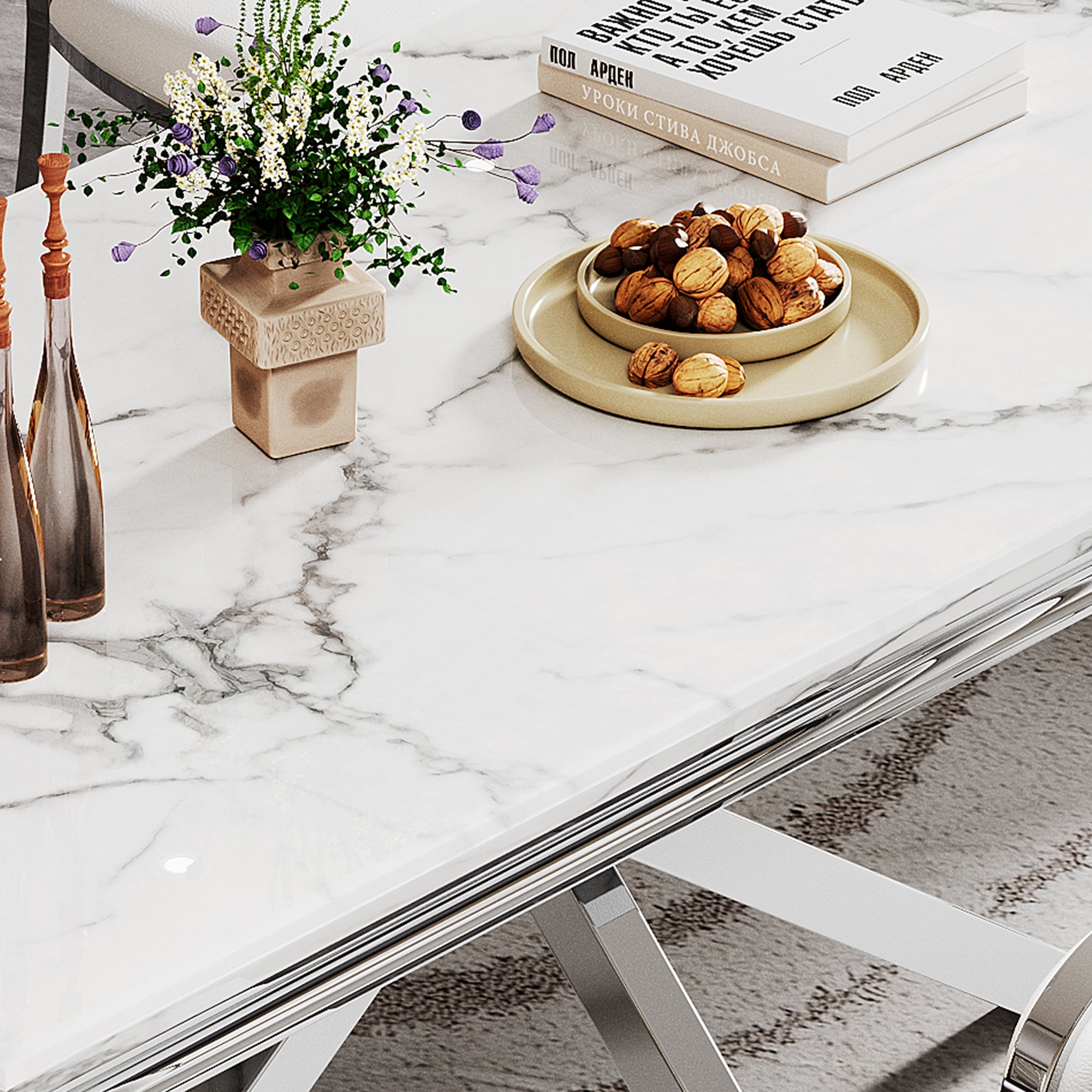 70" Rectangular Dining Table for 6 People, Modern Faux Marble Kitchen Table with Stainless Steel Legs, Dining Table for Dining Room, Living Room