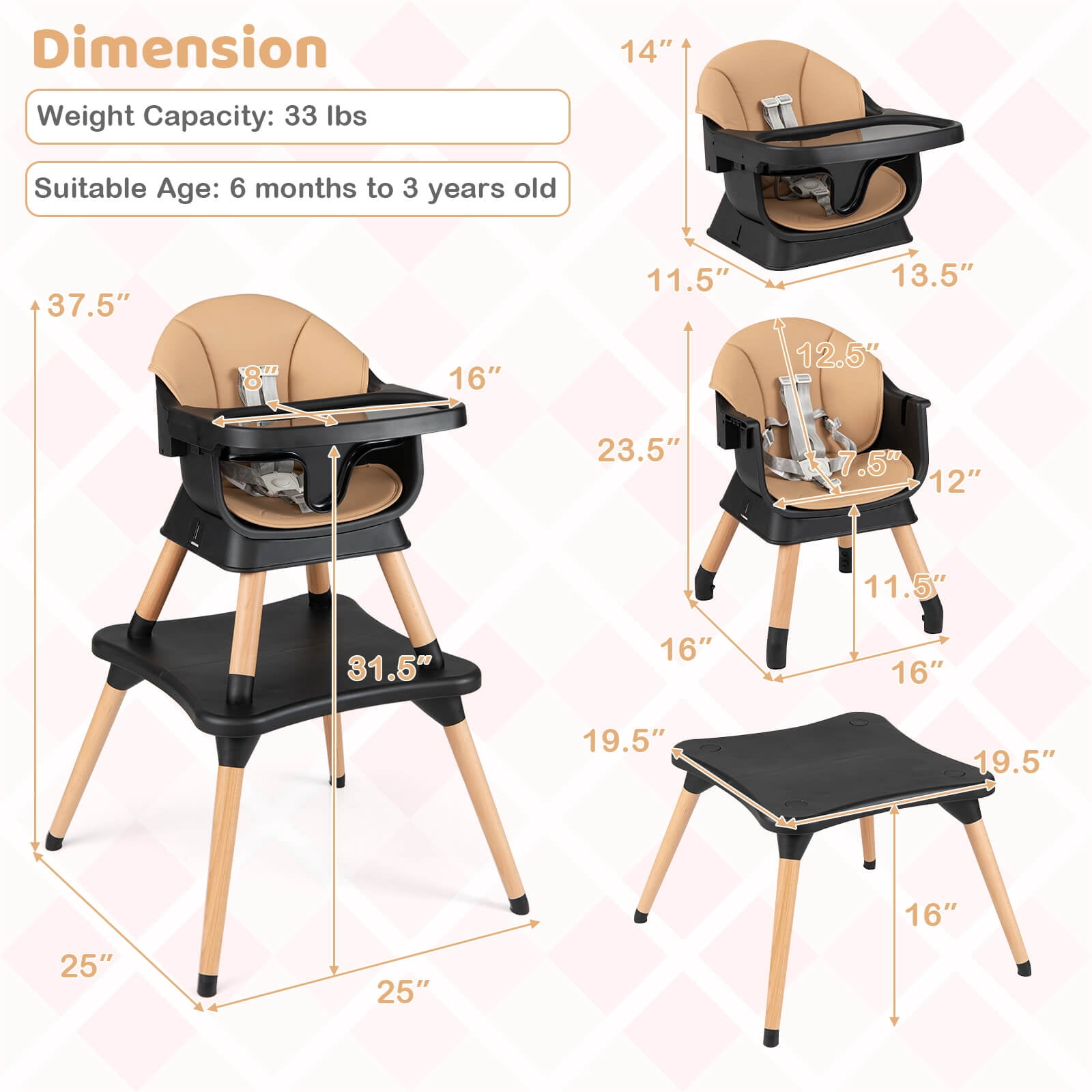 Costway 9-in-1 Kids Table & Chair Set with Solid Wood Legs, Removable Dishwasher-Safe Tray Coffee + Black