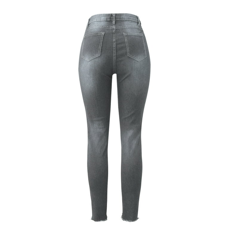 KaLI_store Jeans for Women Women Mid Rise Distressed Flare Wide Leg Jeans  Ripped Hole Denim Pants Black,L 
