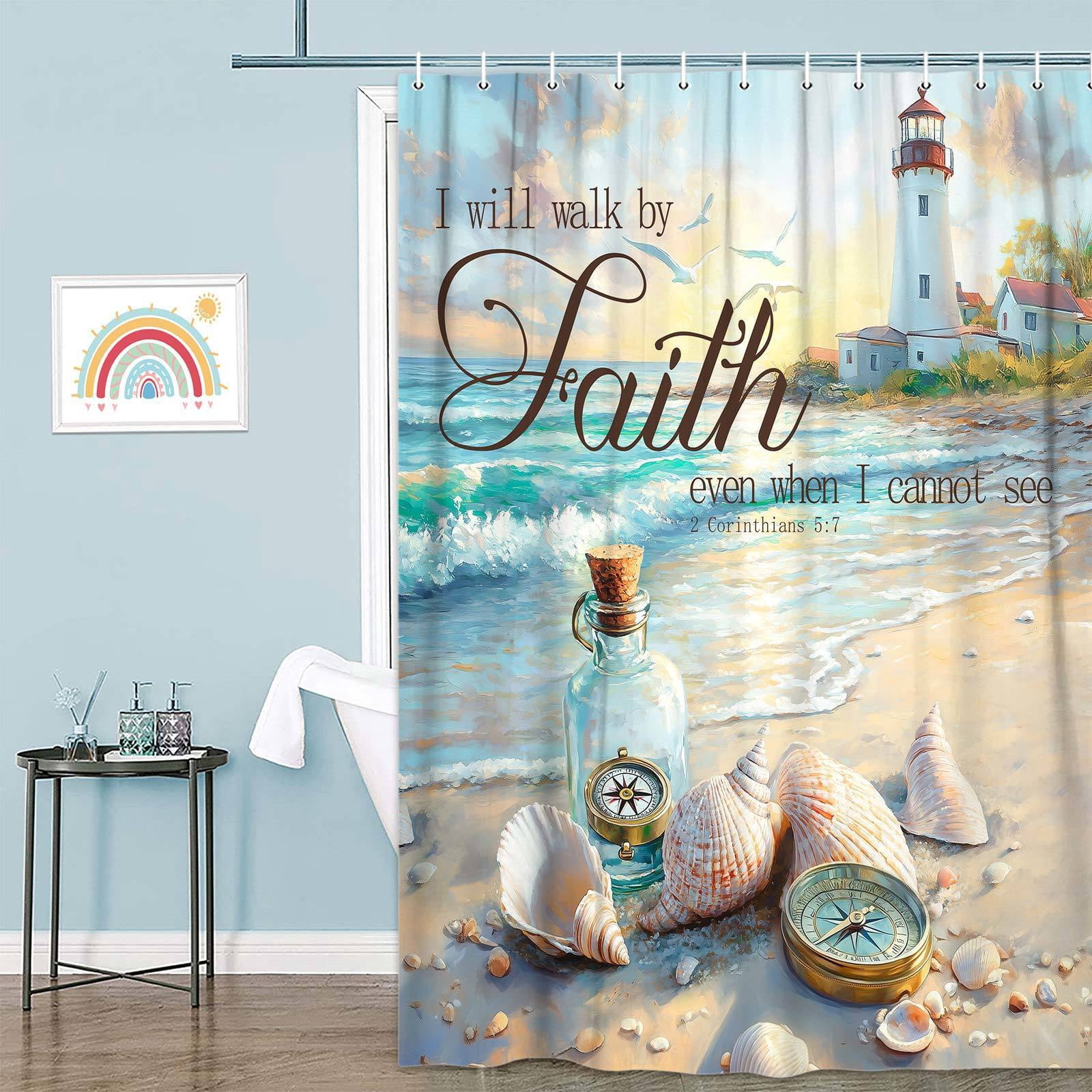 Beach Coastal Shower Curtain, Ocean Nautical Lighthouse Shower Curtain Set, Shells Drifting Bottles Seagulls Compass Decor Shower Curtain for Bathroom Polyester with 12 Hooks,60X70in