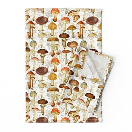 

Printed Tea Towel Linen Cotton Canvas - Vintage Mushrooms White Antique Mushroom Historical Woodland English Cottage Country Chic Botanical Print Decorative Kitchen Towel by Spoonflower