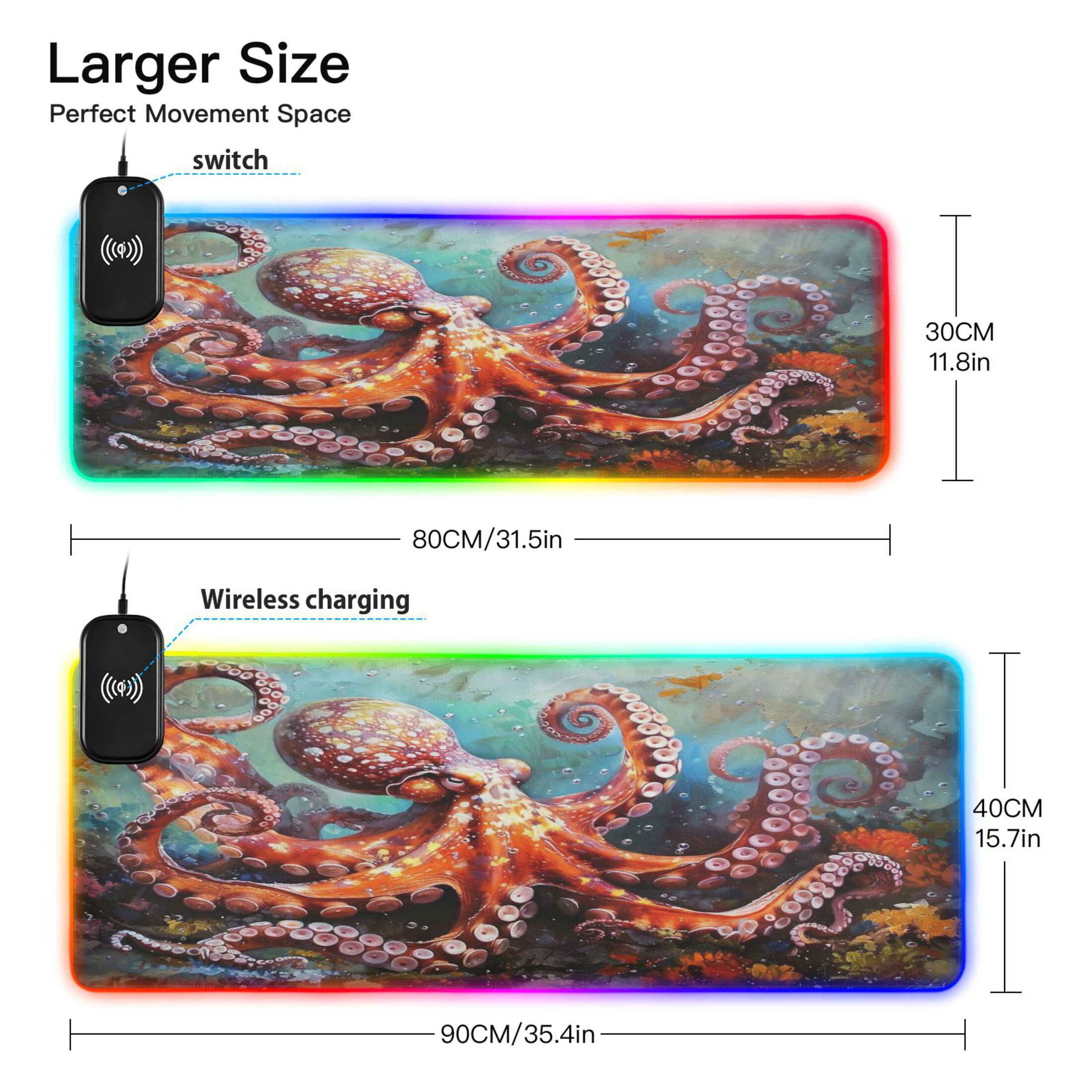 Wireless Charging Mouse Pad Large RGB Gaming Desk Mat 13 Light Modes Mousepad 35.4x15.7 Octopus in Bottom Sea