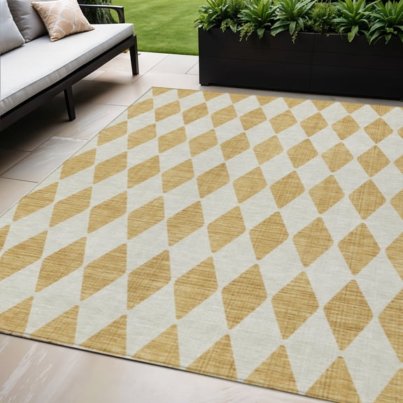 5' X 8' Gold Geometric Washable Indoor Outdoor Area Rug