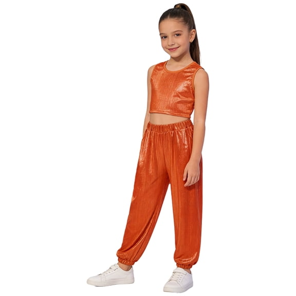 Miutii Girls 2 Piece Dance Outfits Shiny Tops and Pants Set Cheer Outfit for Stage Performance Orange 7-8