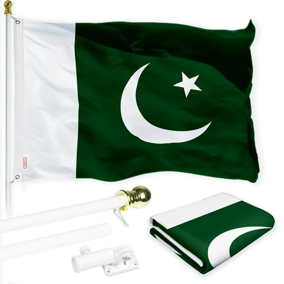 G128 Combo Pack: 6 Ft Tangle Free Spinning Flagpole (White) & Pakistan Flag 3x5 Ft Printed 150D Polyester, Brass Grommets (Flag Included) Aluminum Flag Pole