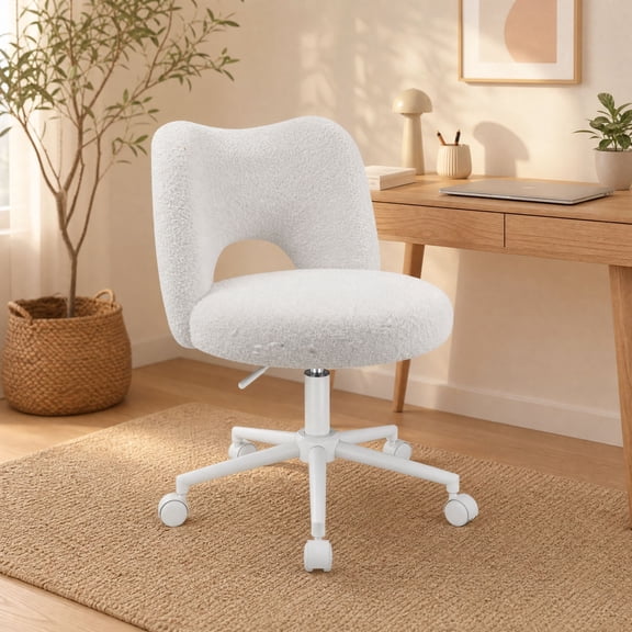 melmine Teddy Vanity Chair with Open Back Armless Height-Adjustable Swivel Makeup Chair, White
