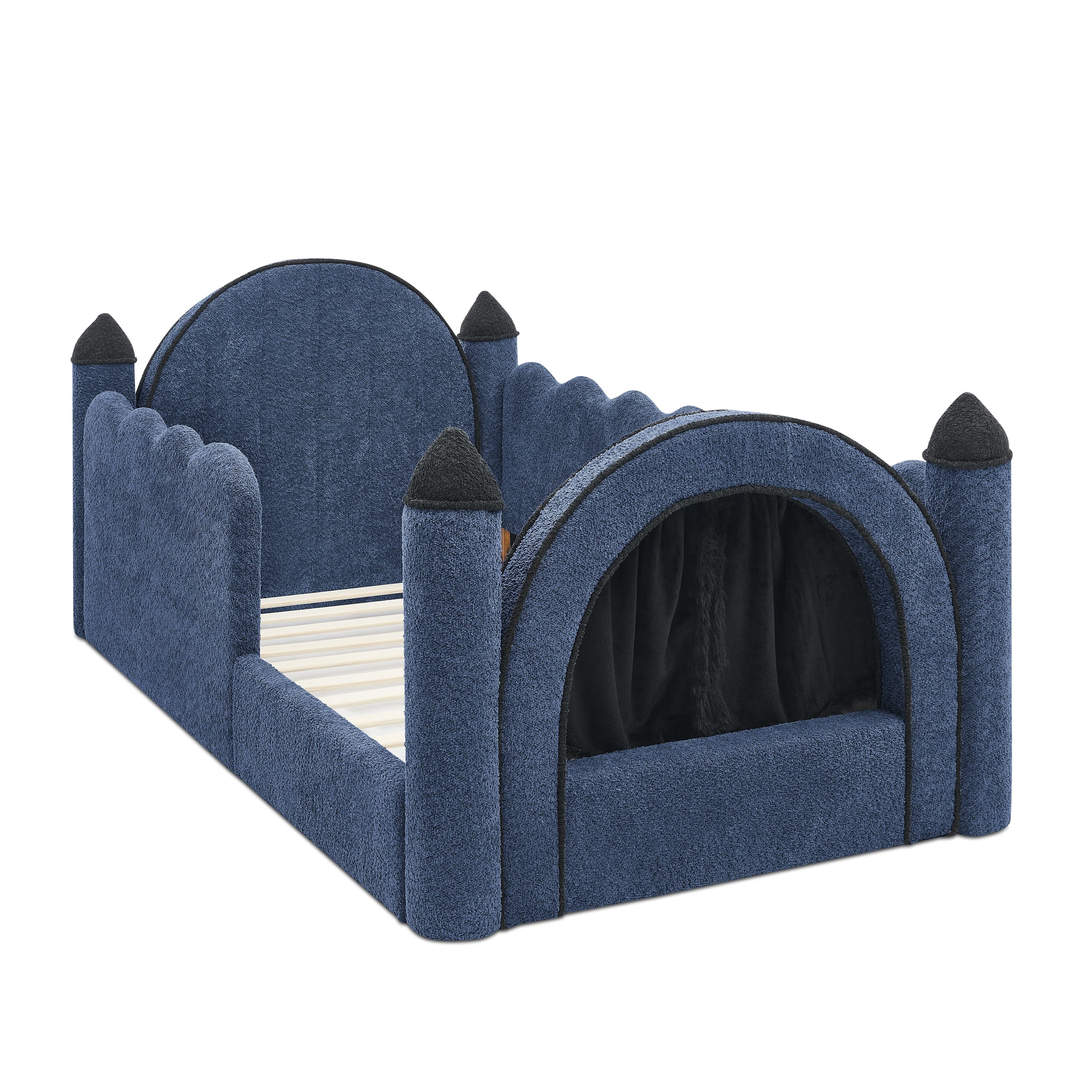 Wakefit Twin Size Castle Bed with Safety Guardrails & Curtain,Boucle Upholstered Kids Bed Solid Wood Frame,Cute Daybed for Bedroom,Navy Blue