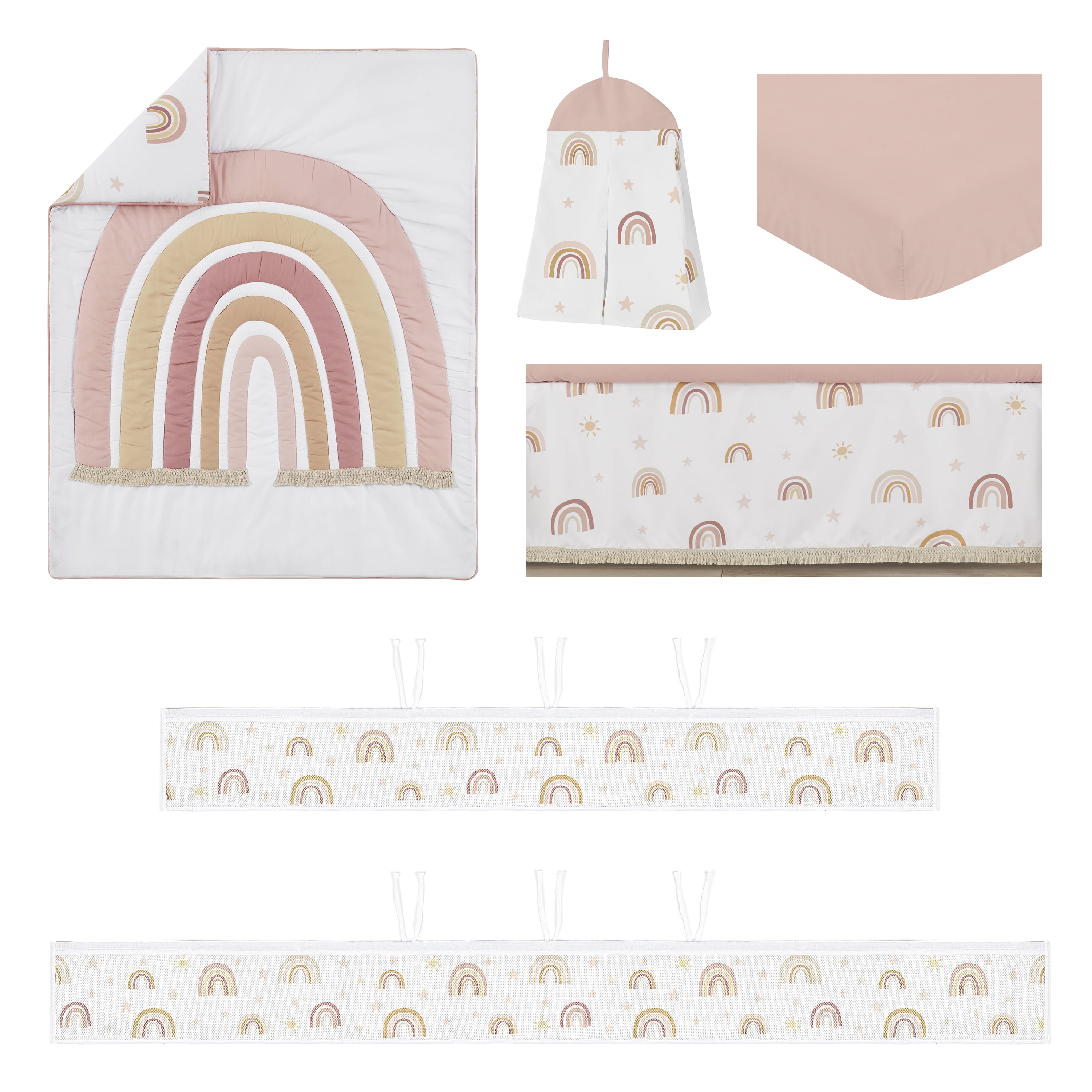Sweet Jojo Designs Boho Rainbow Pink Gold and Taupe Crib Bedding + BreathableBaby Breathable Mesh Liner Pad
