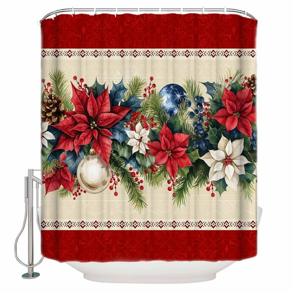 Small Stall Shower Curtain 36x72 Inch Narrow Half Size Red Christmas Bath Curtains Bathroom Decor Xmas Botanical Poinsettia Blue Balls Waterproof Fabric Shower Curtain Set with Hooks 36 Inch