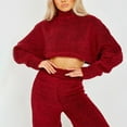 thumbnail image 5 of Brondbend Winter Pajamas Women Set Lounge Sets for Women Crewneck Long Sleeve Solid Color Sleepwear Outfits with Wide Leg Long Pants ,Loose Thick Warm Daily Home Wear,Wine, 5 of 6