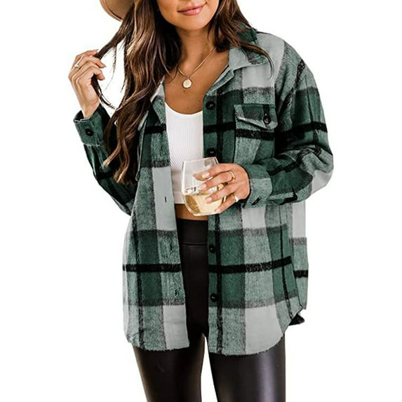Askfv Plaid Coat for Women--Lady's Plaid Shirt Jacket Long Sleeve Shacket Lapel Button Coats