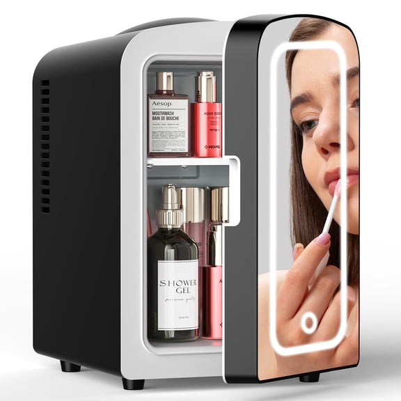 Mini Fridge for Bedroom,Small Drom Mini Refrigerator for Car Office,4L /6 Cans Beverage Cooler for Wine Food,Portable Skincare Cosmetics Makeup Fridge with Chiller No Freezer - Black