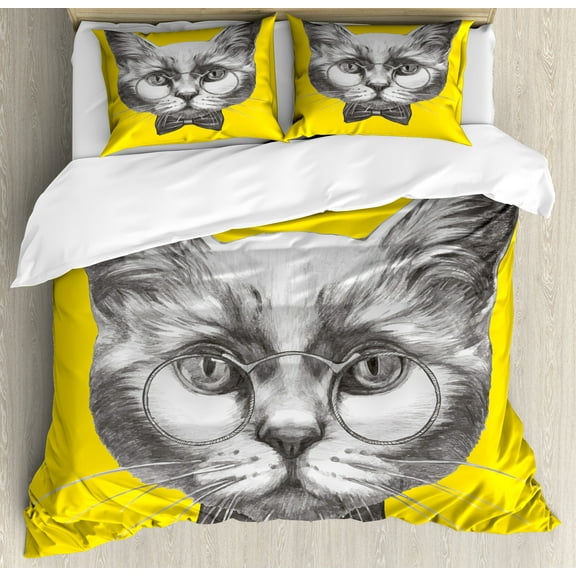 Animal Duvet Cover Set, Hand Drawn Portrait of Cat with Glasses and Bow Tie Sketch Hipster Print, Decorative 3 Piece Bedding Set with 2 Pillow Shams, Calking Size, Yellow Grey White, by Ambesonne