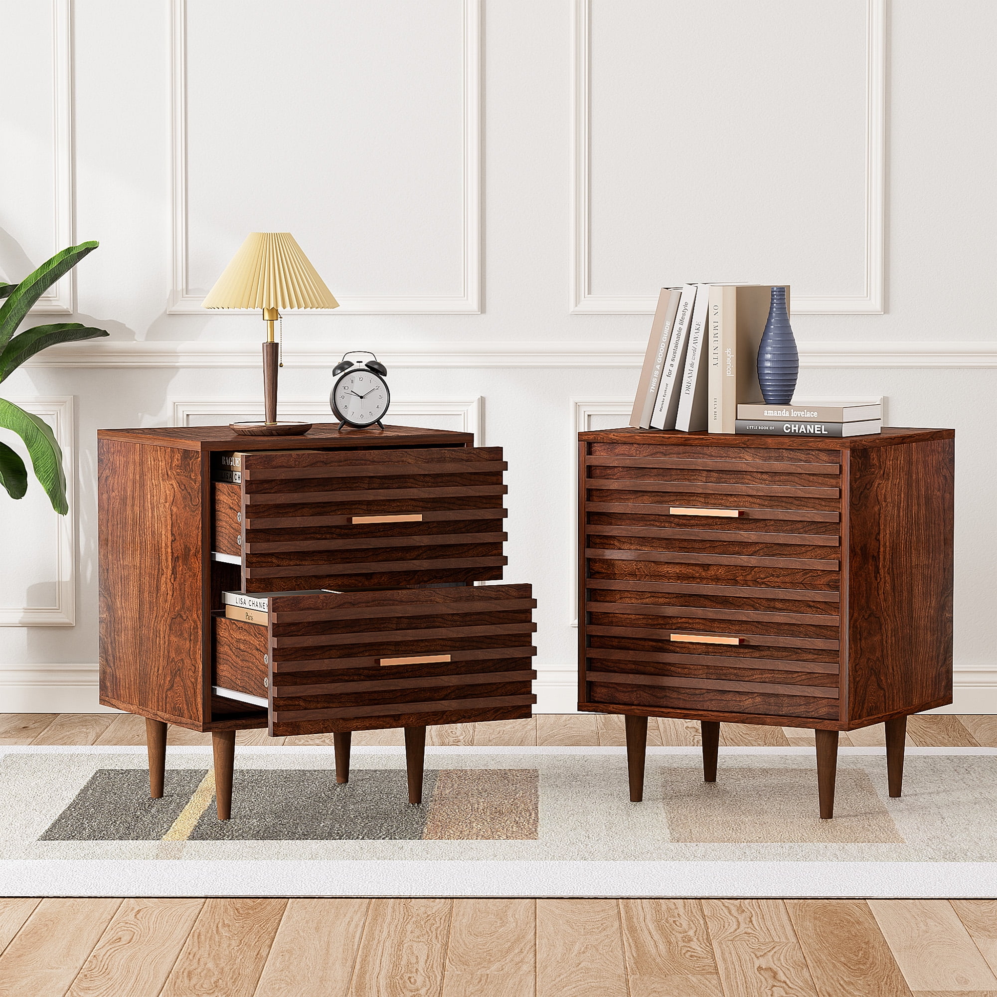 Alohappy Nightstands Set of 2, Mid Century Modern End Table with 2 Drawers, Vintage Wood Accent Side-Table for Living Room, Adult's Bedroom (Rustic Brown)