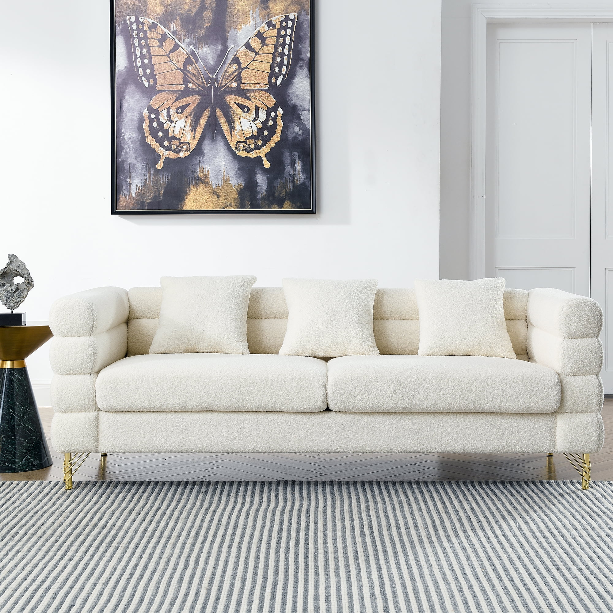 Kadyn 81" Loveseat 3 Seater Sectional Sofa, Fabric Sofa with 3 Pillows, Upholstered Sofa Couch for Living Room, White Teddy