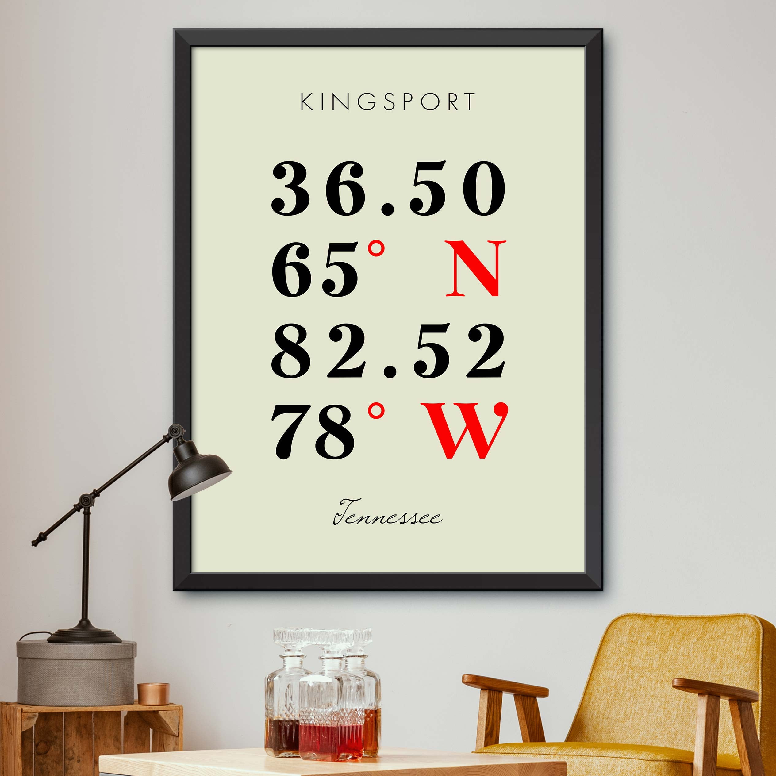 Map of Kingsport, Tennessee, Multiline Coordinates Colored (8x10