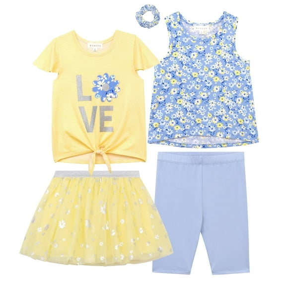 BTween Girls 4 Pack Floral Fashion Summer Clothes Set - Tutu Skirt Tank Top Short Sleeve and Biker Shorts with Hair Scrunchie - Love, Size 4