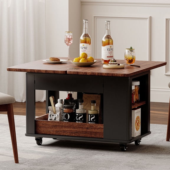 S-HOME Functional 27.6 Inch Side Table with Casters and Foldable Top Walnut Finish for Living Room and Home Use, Black,Walnut