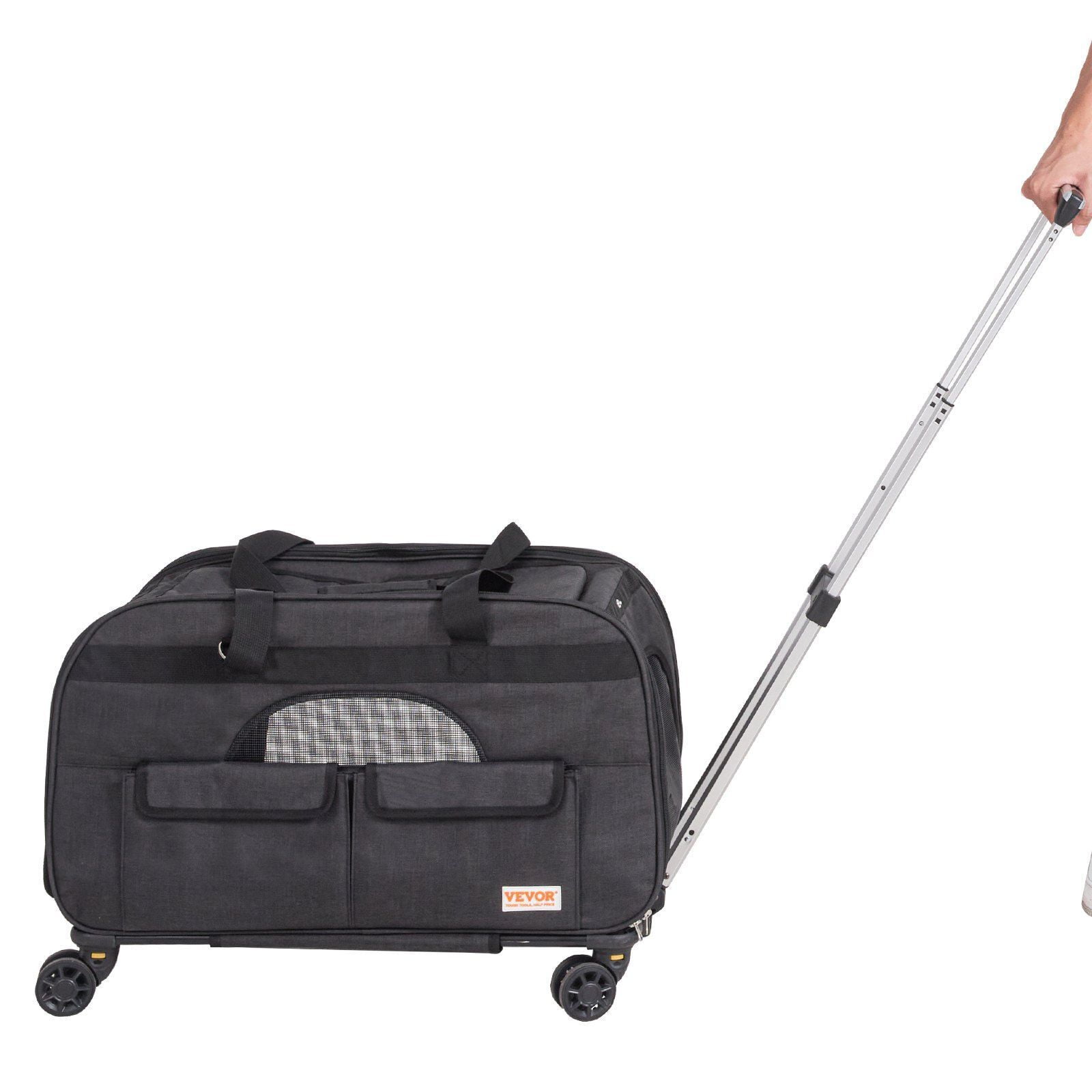 Rolling Pet Carrier with Wheels & Telescopic Handle - Cat/Dog Travel Carrier for Pets Under 35 lbs, Includes Foldable Bowl & Shoulder Strap, Black (Ideal for Airplane, Car)