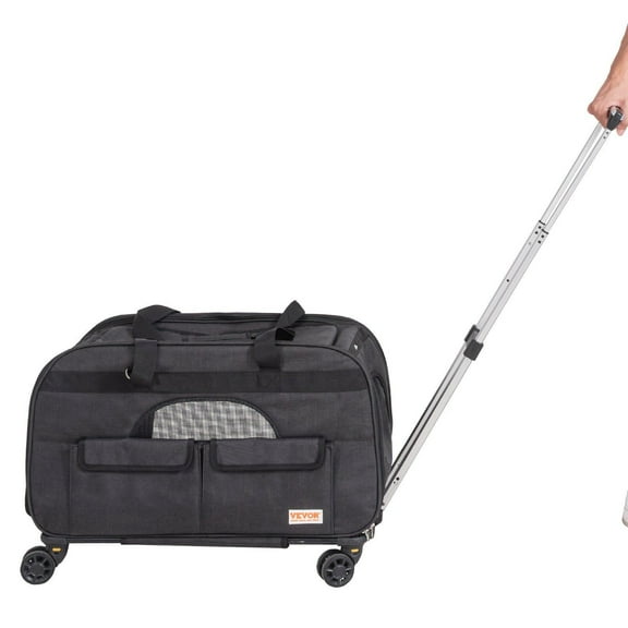 Rolling Cat Carrier with Wheels, Pet Travel Carrier with Telescopic Handle and Adjustable Shoulder Strap, Wheeled Dog Carrier for Small Pets Under 35 lbs, Includes 1 Collapsible Bowl, Black