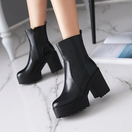 

Women s Platform Ankle Boots High Chunky Block Heel Square Toe Bootie Black 4.5