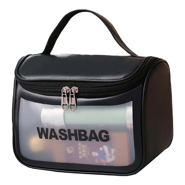 Bolsa de cosméticos transparente de gran capacidad de pvc con perspectiva, bolsa de artículos de tocador esmerilada, con tapa de PU negra