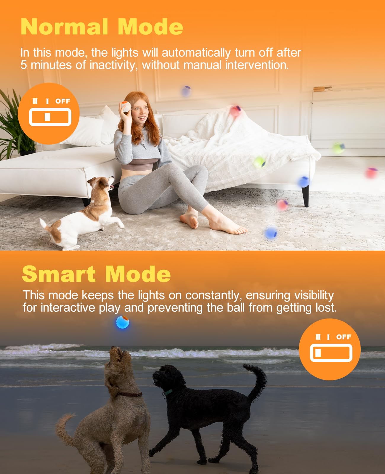 LED Light Up Dog Ball Toys, Rechargeable Bounce-Activated Durable Fetch Ball, Natural Rubber, 2.5 inches